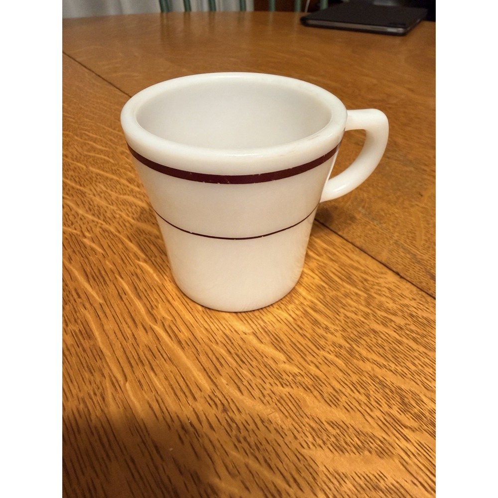 Vintage Pyrex Restaurant Ware Milk Glass Coffee Cup Mug Red Stripe Excellent